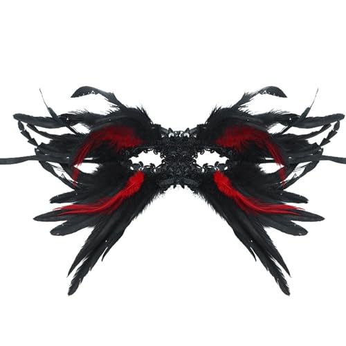 Halloween-Party-Masken Gothic Feder mit Strasssteinen Schwarz & Blutrot Maskerade für Halloween Weihnachten (4-Black2, 35x10cm) von Feizikaw