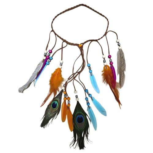 Indianer Feder Stirnband Kostüme Kopfschmuck mit Federn für Frauen und Mädchen Seiden Haargummi (Watermelon Red, 21x13x0.2 cm) von Feizikaw