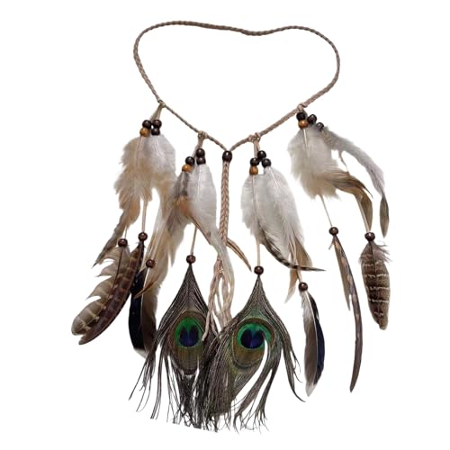 Indianer Feder Stirnband Kostüme Kopfschmuck mit Federn für Frauen und Mädchen Seidenhaargummi (Brown, 14x8x0.4 cm) von Feizikaw