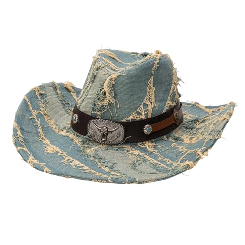 Cowboyhut für Erwachsene, Unisex, breite Krempe, stilvoller Stierkopf, Ledergürtel, roher Rand, Denim, Westernmütze, Karneval, Party-Zubehör (A-Blau, Einheitsgröße) von Felcia