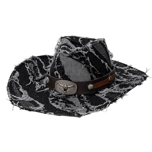 Cowboyhut für Erwachsene, Unisex, breite Krempe, stilvoller Stierkopf, Ledergürtel, roher Rand, Denim, Westernmütze, Karneval, Party-Zubehör (A-Schwarz, Einheitsgröße) von Felcia