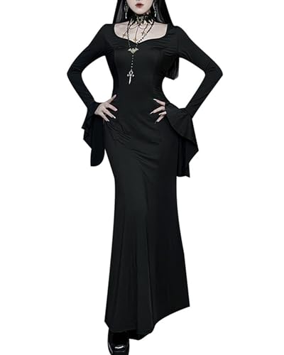 Damen Gothic Kleid Ausgestellte Ärmel Fischschwanz Kleid Halloween Cosplay Maskerade Rollenspiel Party Outfits (A-Schwarz, L) von Felcia