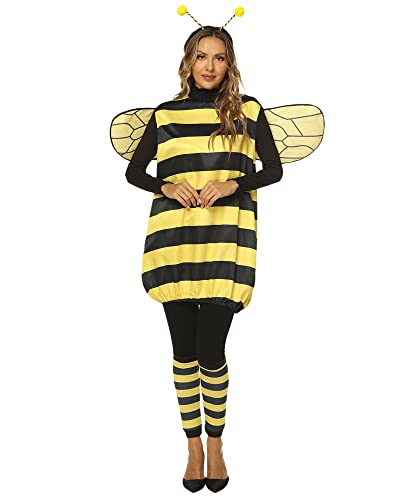 Damen Halloween Biene Cosplay Kostüm Set Bienenkleid mit Flügeln Stirnband Beinärmel für Karneval Party Dress Up (Yellow Adult, L) von Felcia