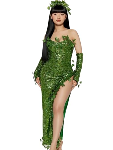 Damen Halloween Green Ivy Cosplay Kostüm ärmelloses Pailletten-Maxikleid + Handschuhe + Kopfbedeckung für Party (A-Armeegrün, XXL) von Felcia