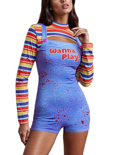 Damen Halloween Killerpuppe Kostüm Gestreift Langarm Vorne Hohl Slim Fit Crop Top mit Bodysuit Chucky Kostüm für Cosplay Party (C-Blue, L) von Felcia