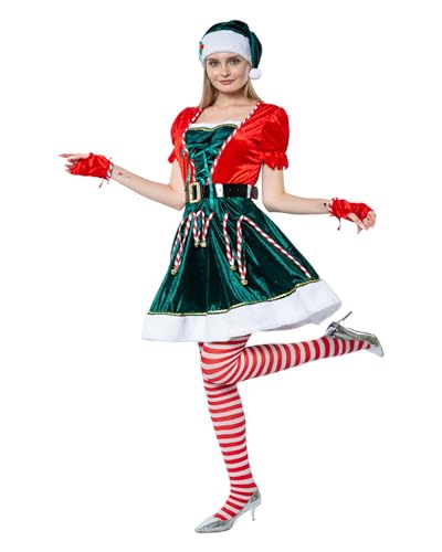 Damen Mädchen Weihnachtself Kostüm Elf Cosplay Kleid Set Elf Cosplay Outfits für Urlaub Motto Party (F-Rot Grün, S) von Felcia
