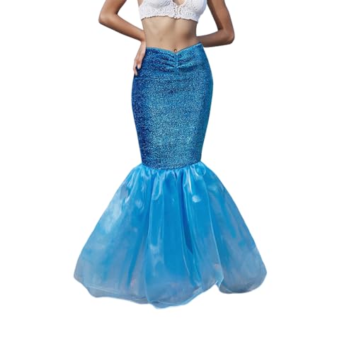Damen Meerjungfrau Kostüm mit Tüllsaum Glitzer Paillettenrock Halloween Cosplay Outfits (A-Blue, S) von Felcia