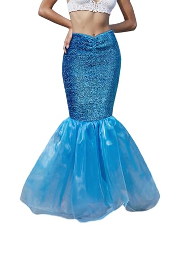 Damen Meerjungfrau Schwanz Kostüm Pailletten Glänzend Maxi Fisch Röcke Halloween Cosplay Outfits Kleid 2025 (A-Blue, M) von Felcia