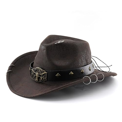 Damen Retro Karneval Cowgirl Hut Herren Stierkopf Nietengürtel breite Krempe Westernmütze für Party (A-Kaffee, Einheitsgröße) von Felcia