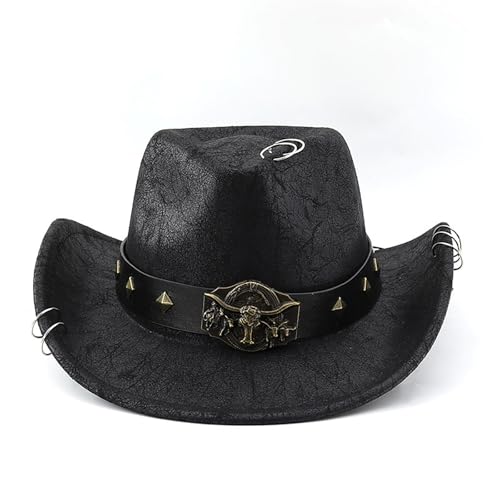 Damen Retro Karneval Cowgirl Hut Herren Stierkopf Nietengürtel breite Krempe Westernmütze für Party (A-Schwarz, Einheitsgröße) von Felcia