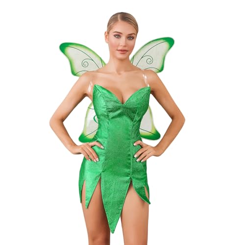 Damen Waldfee Kostüm Pretty Pixie Prinzessin Cosplay Sexy Schlauchkleid mit Flügeln Halloween Motto Party Kleid (D-Green, L) von Felcia