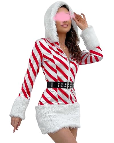 Damen Weihnachten Santa Kleid Deluxe Mrs. Claus Kostüm Samt Kapuzenkleid Beinstulpen Set Cosplay Outfits (C-Rot, M) von Felcia