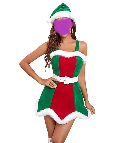 Damen Weihnachtskostüm, ärmellos, pelzig, Patchwork, Kontrastfarbe, Gürtel, Slip-Kleid mit Hut, Halloween-Party-Outfit (A-Rotgrün, L) von Felcia