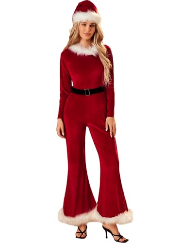 Damen-Weihnachtskostüme, niedlich, langärmelig, ausgestellter Overall und Weihnachtsmannmütze, Set, Urlaub, Cosplay, Party, Outfits (A-Red, L) von Felcia