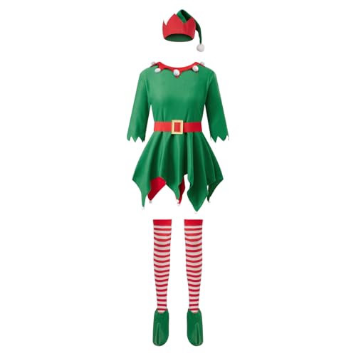 Elfenkostüm für Damen, lustiges Kleid in Kontrastfarbe mit Strümpfen, Gürtel, Hut und Stiefeln für Cosplay-Party (A-Grün, XL) von Felcia
