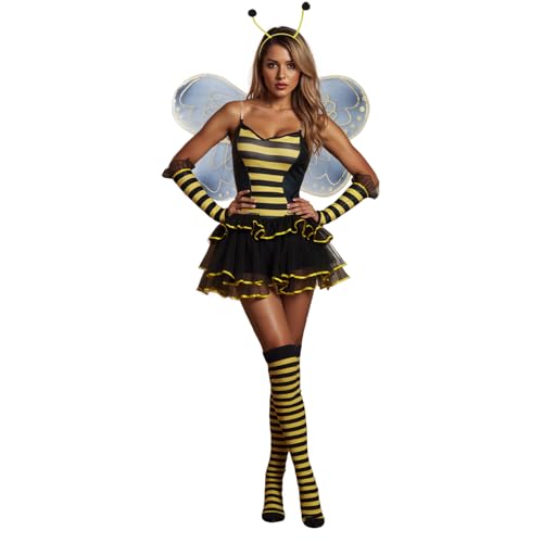 Felcia Bienen-Cosplay-Kostüm-Set für Erwachsene, Unisex, Bienenkleid mit Flügeln, Stirnband, Beinärmeln für Halloween-Party-Zubehör (Z-Gelb, XL) von Felcia