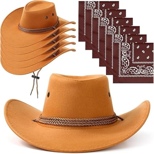 Felcia Cowgirl-Hut-Set für Erwachsene, weich, aufrollbar, breite Krempe, Westernhut mit Halstuch, Foto-Requisiten (Champagner, Einheitsgröße), 6 Stück von Felcia