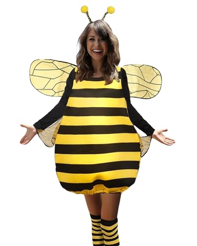 Felcia Damen-Bienen-Cosplay-Kostüm, gestreiftes Patchwork-Bienenkostüm mit Kniestrümpfen und Haarreifen, Karnevalsoutfit (A-Yellow, L) von Felcia
