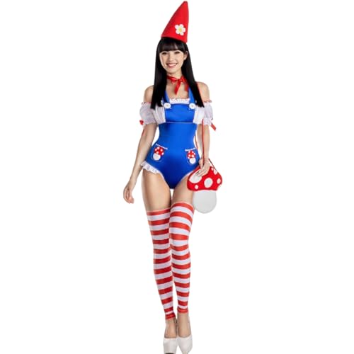 Felcia Damen Halloween Cosplay Kostüm Blau Overall Bodysuit mit Pilztaschen 2025 für Mottoparty (A-Blue, XL) von Felcia