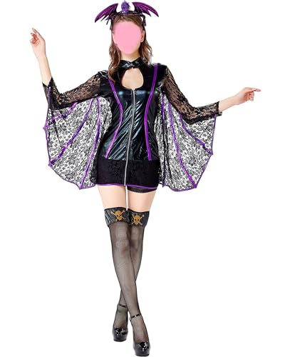 Felcia Damen Halloween Fledermaus Kostüm Langarm Ausgehöhlte Spitze Patchwork Minikleid mit Haarreifen (A-Schwarz Lila, L) von Felcia