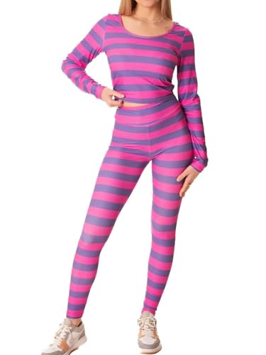 Felcia Damen-Halloween-Kostüm, Grinsekatze, Cosplay-Kostüm, lila gestreift, lange Ärmel und Hose, Rollenspiel-Outfit, Strampler (A-Fuchsia, L) von Felcia