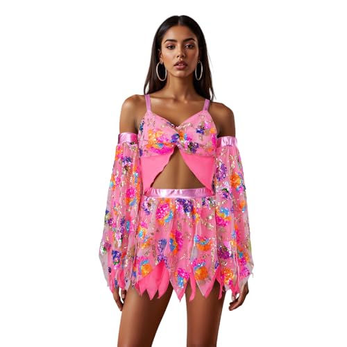 Felcia Damen Halloween Kostüm Seuin Camisole und fließender Minirock Arm Ärmel 3 Pcs Karneval Party Outfit (A-Pink, L) von Felcia