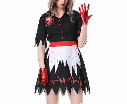 Felcia Damen Halloween Krankenschwester Kostüm Zombie Krankenschwester Kostüm Zombie Blutiges Cosplay Kostüm (A-Schwarz, M) von Felcia