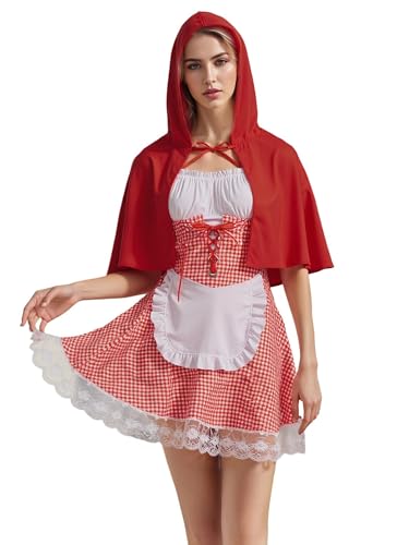 Felcia Damen Halloween Miss Rotkäppchen Kostüm Märchen Puffärmel Plaid Print Mini Korsett Kleid mit Kapuzenumhang für Cosplay Party (A-Red, S) von Felcia