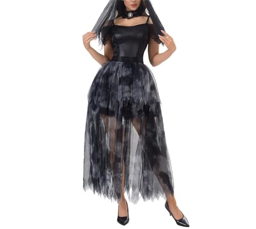 Felcia Damen Halloween Vampir Brautkostüm Mesh Kurzarm Cold Shoulder Kleid mit Schleier und Schal (A-Schwarz, M) von Felcia
