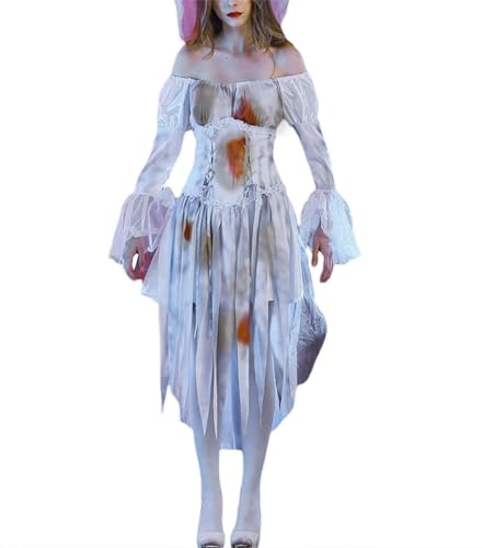 Felcia Damen Halloween Vampir Brautkostüm Mesh Kurzarm Cold Shoulder Kleid mit Schleier und Schal (B-White, L) von Felcia
