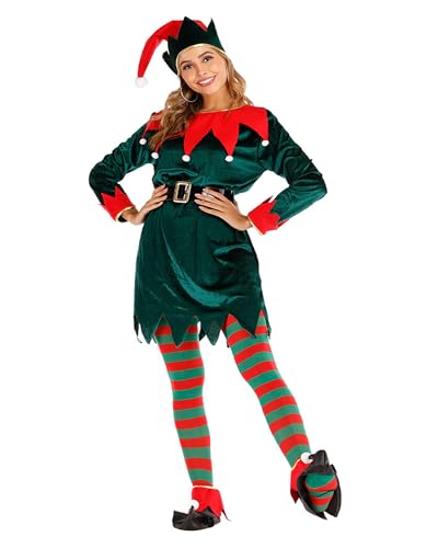 Felcia Damen Mädchen Weihnachtself Kostüm Elf Cosplay Kleid Set Elf Cosplay Outfits für Urlaub Motto Party (E-Mehrfarbig, L) von Felcia