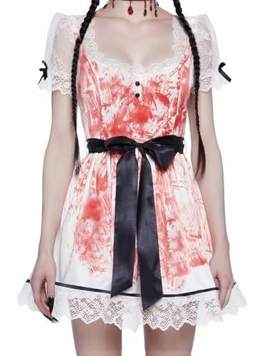 Felcia Damen Terrifier Kostüm Spitze Clown Cosplay Kleid mit Blutflecken für Halloween Cosplay Outfits (A-Weiß, S) von Felcia