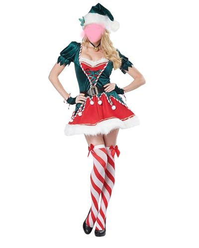 Felcia Damen Weihnachtself Kostüme Kurzarm Kleid mit Gürtel süßer Hut Gestreifter Strumpf Set Xmas Cosplay Party Outfits (A-Armeegrün, M) von Felcia