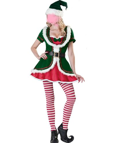 Felcia Damen Weihnachtself Kostüme Kurzarm Kleid mit Gürtel süßer Hut gestreifter Strumpf Set Xmas Cosplay Party Outfits (A-Grün, M) von Felcia