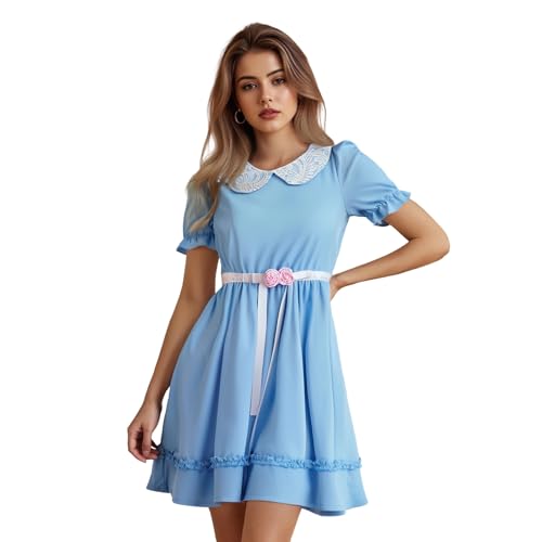 Felcia Damen Zwillingskostüm, Puppenkragen, kurze Ärmel, A-Linie, Rüschenkleid, Puppe, Cosplay-Kostüm für Halloween-Party (A-Himmelblau, XL) von Felcia