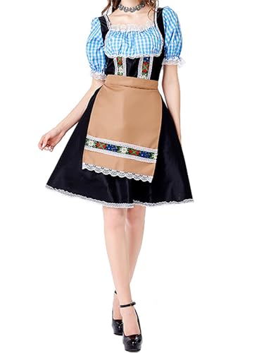 Felcia Deutsches Oktoberfest-Kostüm für Damen, bayerisches Biermädchenkleid, blaue Bluse, schwarze Schürze für Halloween, Cosplay (A-Blau, L) von Felcia
