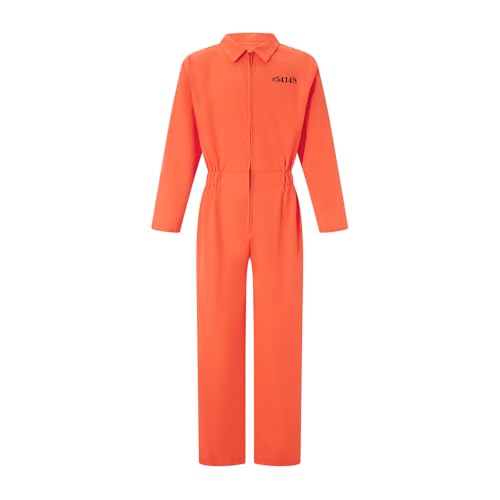 Felcia Erwachsene Gefangenen Overall Orange Gefangenenoverall Overall Kesselanzug Sträfling Räuber Faschingskostüm Karneval Party Cosplay Outfit (F-Orange Herren, XL) von Felcia
