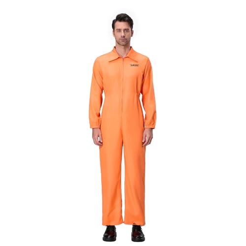 Felcia Erwachsene Häftling Jumpsuit Orange Gefangener Overall Sträfling Räuber Faschingskostüm Karneval Party Cosplay Outfit (C-Orange Herren, L) von Felcia