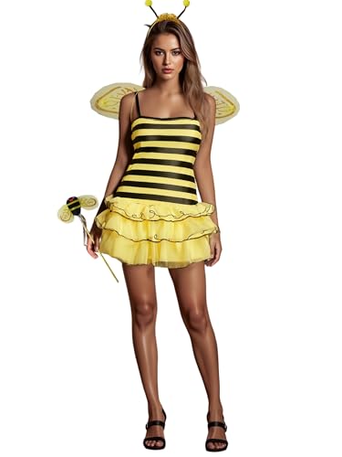 Felcia Fun World Damen Halloween Gepunktetes Marienkäfer-Kostüm Wingsute Bee Marienkäfer Kleid für Cosplay Party Outfits (A-Gelb, M) von Felcia