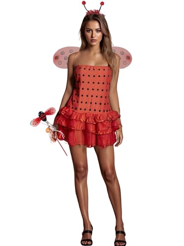Felcia Fun World Damen Halloween Gepunktetes Marienkäfer-Kostüm Wingsute Bee Marienkäfer Kleid für Cosplay Party Outfits (A-Red, S) von Felcia