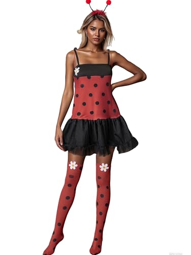 Felcia Fun World Damen Halloween Gepunktetes Marienkäfer-Kostüm Wingsute Bee Marienkäfer Kleid für Cosplay Party Outfits (A-Schwarz, M) von Felcia