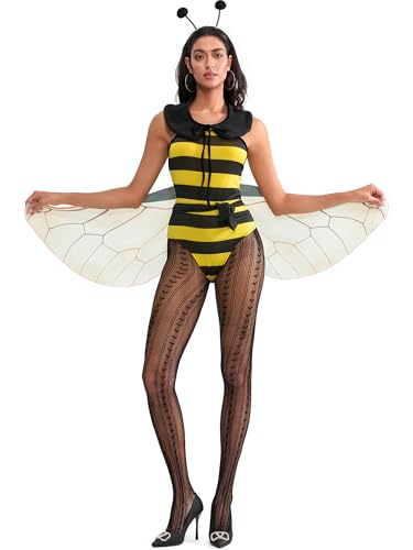 Felcia Halloween-Bienen-Cosplay-Kostüm-Set für Damen und Mädchen, klassisch, gestreift, Bienen-Body, Kragen, Flügel für Partyverkleidungen (A-Gelb, L) von Felcia