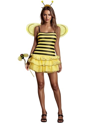 Felcia Halloween Bienenkostüm für Damen, niedlicher gestreifter Druck, trägerloses Minikleid mit Flügeln, Set, Hummelkostüm für Karneval, Mottoparty (E-Gelb, XL) von Felcia