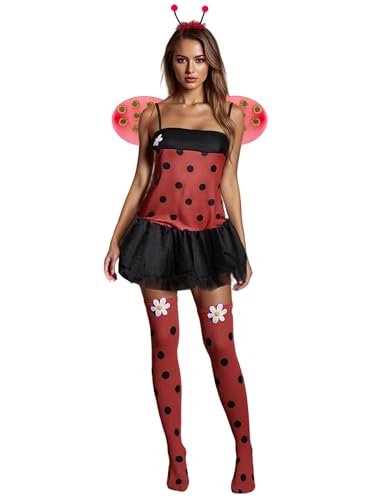 Felcia Halloween Bienenkostüm für Damen, niedlicher gestreifter Druck, trägerloses Minikleid mit Flügeln, Set, Hummelkostüm für Karneval, Mottoparty (E-Red Black, L) von Felcia