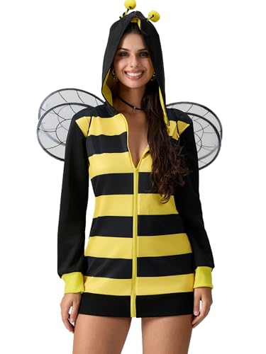 Felcia Halloween Honigbienenkostüm für Damen, Bienenkönigin, Halloween-Party, Cosplay, Kapuzenkleid, Flügel-Set, ausgefallenes Kostüm (A-Gelb, M) von Felcia