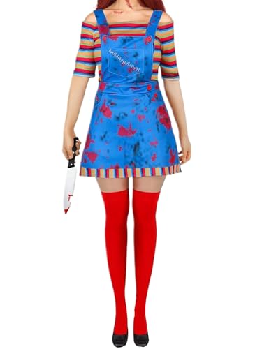 Felcia Halloween-Killer-Puppen-Kostüm für Damen, gestreift, kurzärmelig, Oberteil mit blutigem Druck, Gesamtkleid für Cosplay (A-Blau, XL) von Felcia