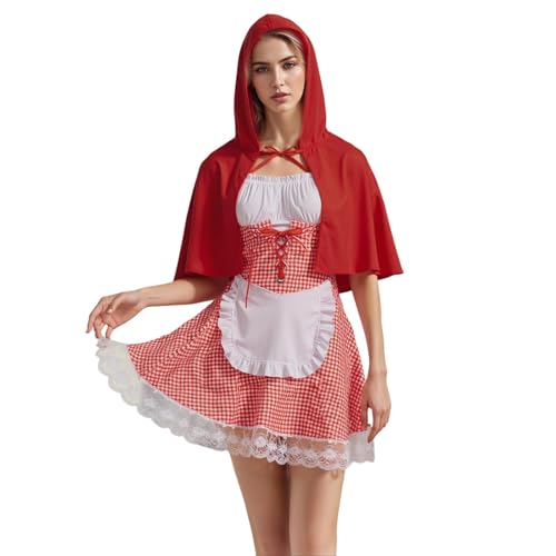 Felcia Halloween-Kostüm Miss Red Fairytale kurze Puffärmel Karomuster Mini-Korsettkleid mit Kapuzenumhang für Damen (A-Red, M) von Felcia