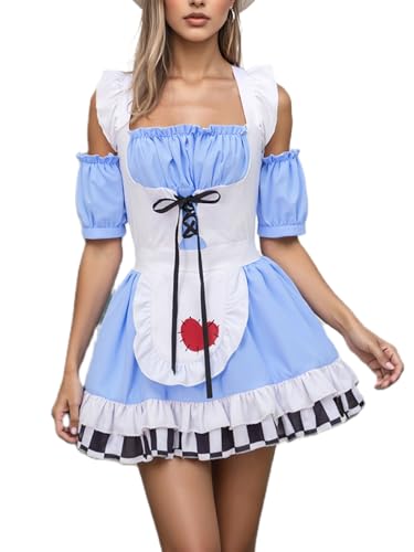 Felcia Halloween-Kostüm für Damen, Dienstmädchen-Kostüm, Kontrastfarbe, Herz- und Pik-Muster, schulterfrei, Minikleid für Cosplay-Party (A-Himmelblau, Größe S) von Felcia