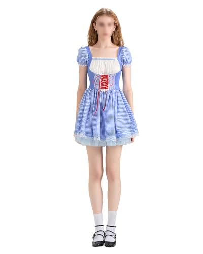 Felcia Halloween-Kostüm für Damen, Mädchen, Cosplay, Sommer, Puffärmel, niedliches Karomuster, Lolita, Verkleidung (Blau A, L) von Felcia