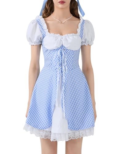 Felcia Halloween-Kostüm für Damen, Mädchen, Cosplay, Sommer, Puffärmel, niedliches Karomuster, Lolita, Verkleidung (Himmelblau, B, L) von Felcia